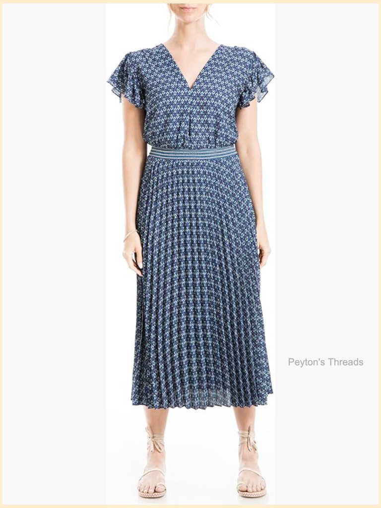 Short Sleeve V-Neck Pleated Midi Dress With Smocked Waist